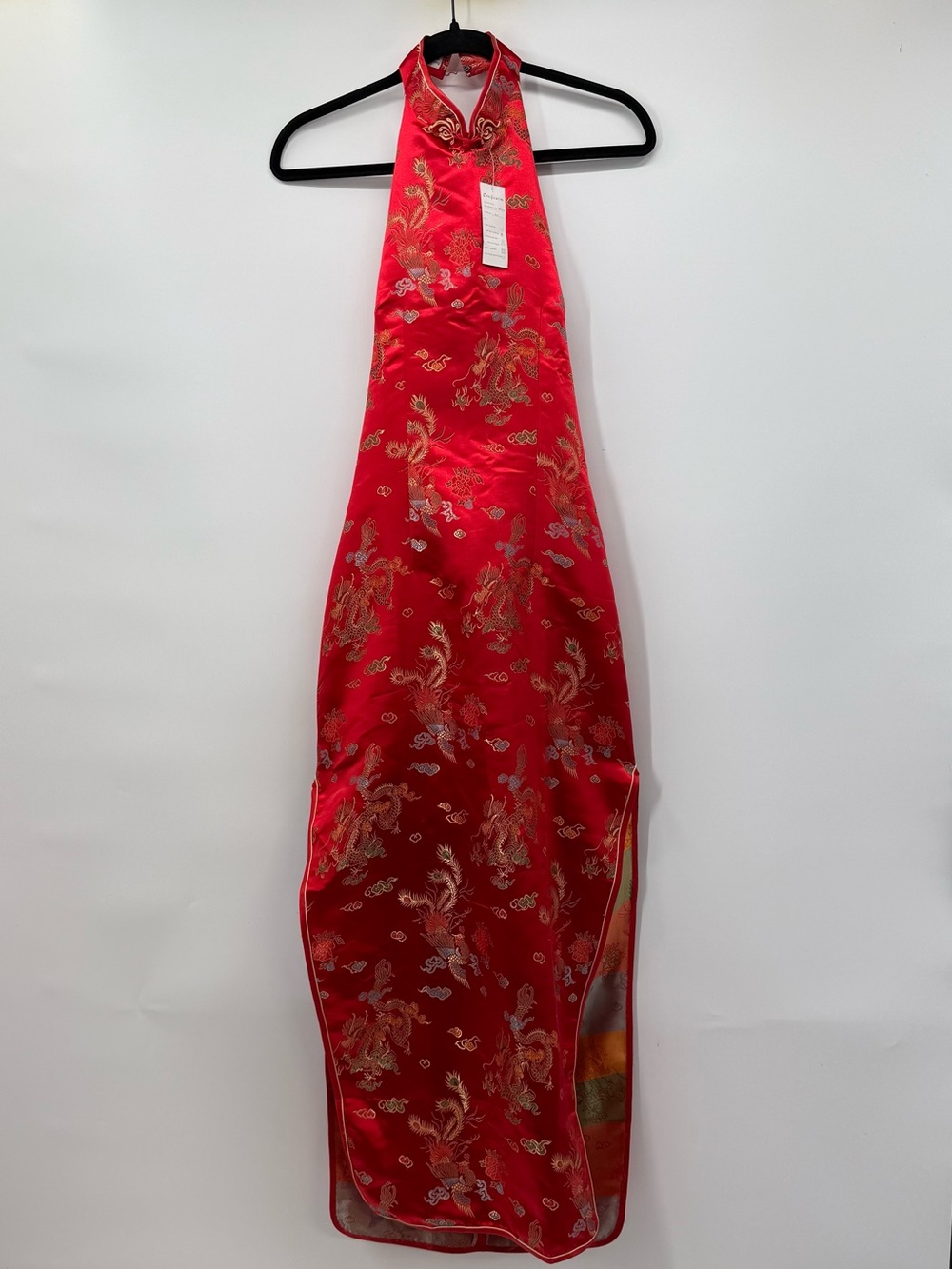 Girls' Red Brocade Halter Formal Dress with Gold Accents